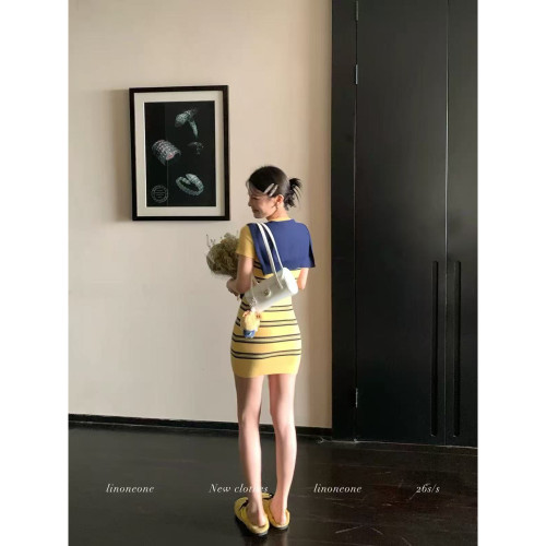 LINONEONE ins白女 高智老钱风休闲撞色条纹针织短袖连衣裙披肩