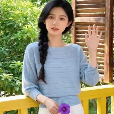 法式斜肩设计感针织衫女春季新款宽松显瘦上衣收腰百搭慵懒风小衫