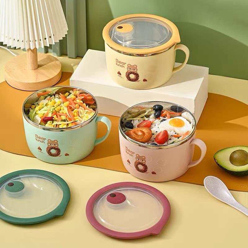 新款304不锈钢吃饭碗家用学生塑料盖便当碗防摔可爱卡通儿童碗