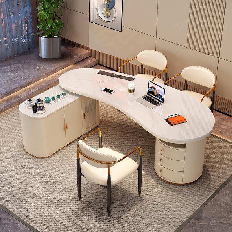 W81.8/2/2.2/2.4米轻奢岩板茶桌书桌电脑桌弧形茶台办公泡茶一体