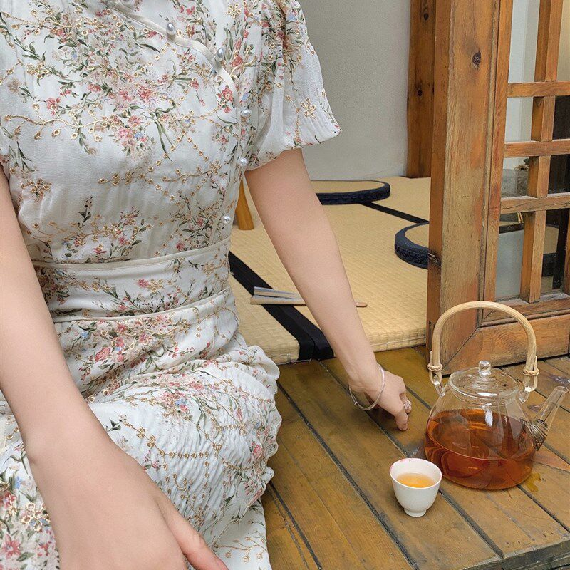 速发司藤裙碎花复古旗袍连衣裙中长款2024春季新款中国风少女领证