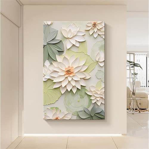 奶油风入户玄关装饰画走廊过道肌理感挂画客厅背景墙花卉大幅壁画