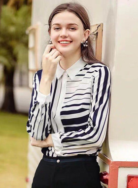 亏清断码现货 外贸订单高货18姆米真丝衬衫女款条纹显瘦
