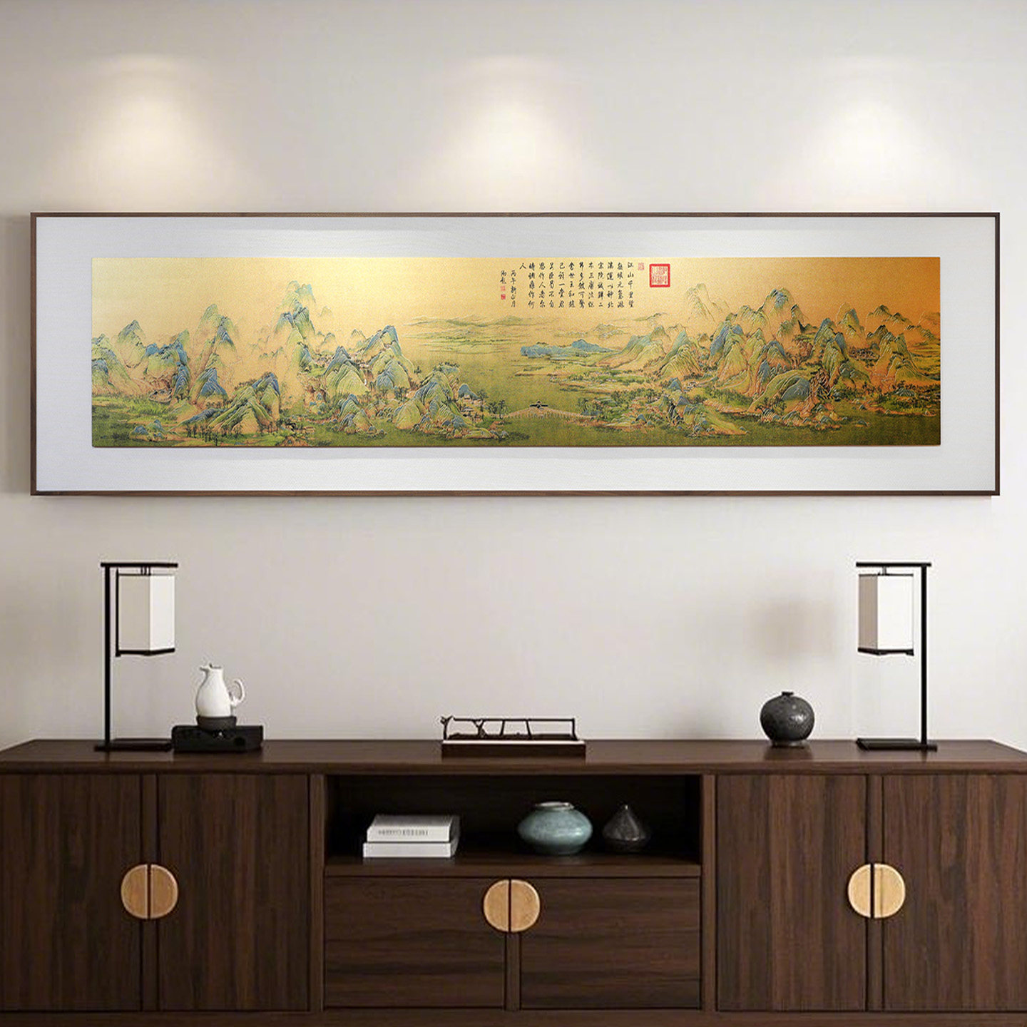 《千里江山图》铜雕画沙发背景墙铜版画新中式高档茶室客厅装饰画
