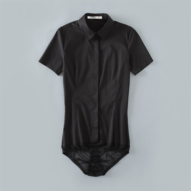 新款连体衬衫长袖连裤衬衣女面试职业工装修身大码弹力OL防走光