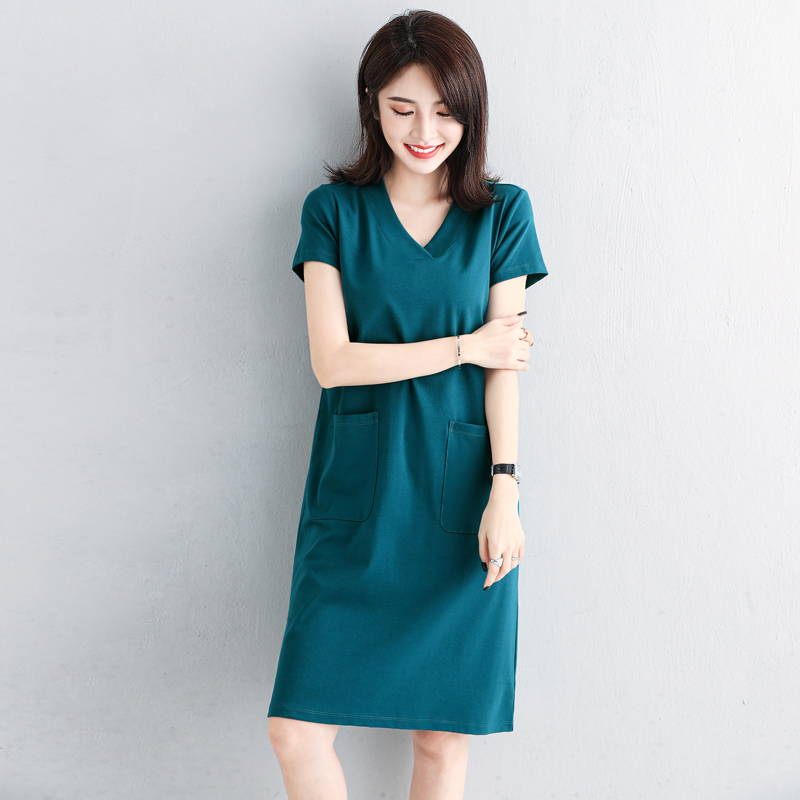 孔雀蓝连衣裙v领宽松短袖胖mm针织中长款2021年新款春秋大码女装