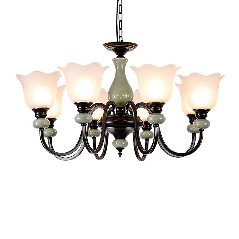 美式简约陶瓷吊灯乡村田园卧室家用大气别墅创意铁艺8头欧式灯具
