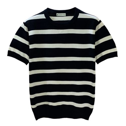 夏季新款修身上衣圆领海魂衫针织短袖男 复古风时尚撞色条纹t恤男