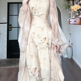 胖mm新中式国风挂脖碎花连衣裙女夏季旗袍年轻款禅意开衫两件套装