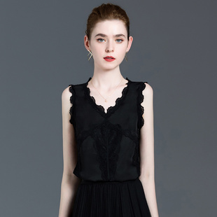 2021夏季新款黑色真丝内搭背心女夏雪纺时尚性感无袖镂空蕾丝上衣