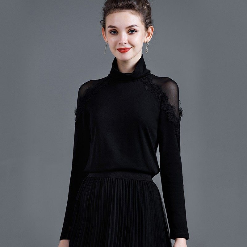 加绒打底衫女秋冬蕾丝网纱洋气小衫黑色高领纯棉t内搭长袖女上衣,女装/女士精品,T恤,淘宝优惠券,粉丝福利购,淘宝优惠卷