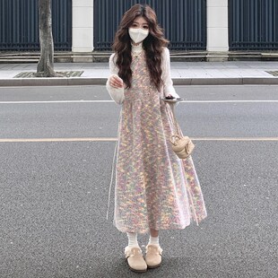 大码女装2024胖mm秋冬新中式彩虹甜美针织背心连衣裙蕾丝上衣套装