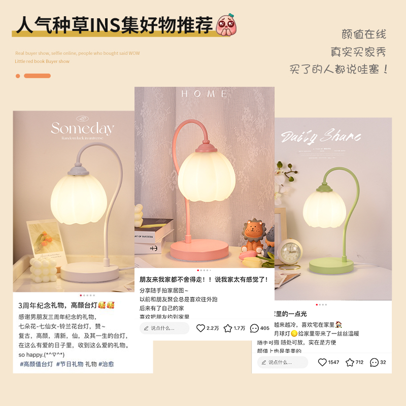 高级感台灯卧室床头柜灯轻奢2023新款结婚简约花朵南瓜主卧小夜灯