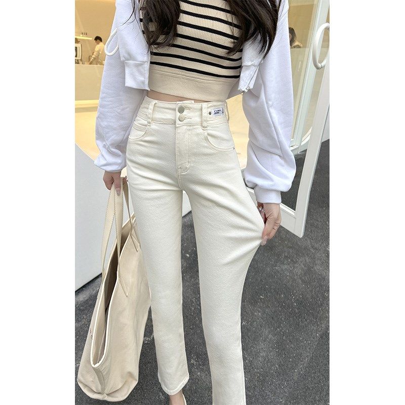 四面弹米白色高腰直筒牛仔裤女春夏九分杏色八分小个子烟管裤,女装/女士精品,牛仔裤,淘宝优惠券,粉丝福利购,淘宝优惠卷