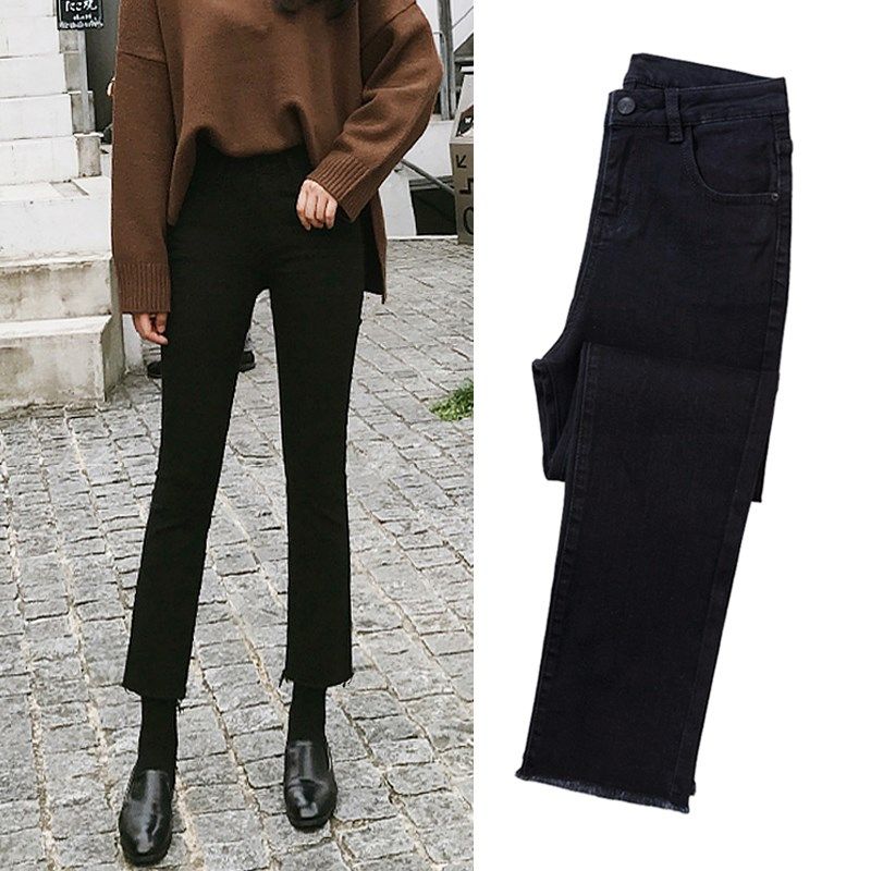 烟管裤女秋冬2024年新款加绒高腰黑色百搭显瘦小个子直筒牛仔裤子