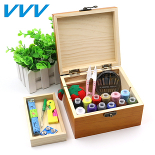 复古实木针线盒套装手工针线手缝家用缝纫线绣花针收纳盒针线包
