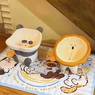 猫碗陶瓷高脚斜口护颈食盆不易打翻大口径防黑下巴成猫幼猫咪饭碗