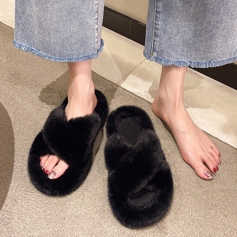 秋冬季交叉毛毛绒拖鞋外穿松糕