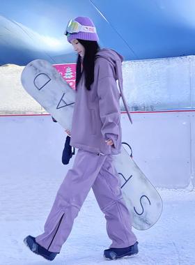 兔耳朵女外套单板滑雪服连帽高级感紫色单板双板滑雪服情侣套装