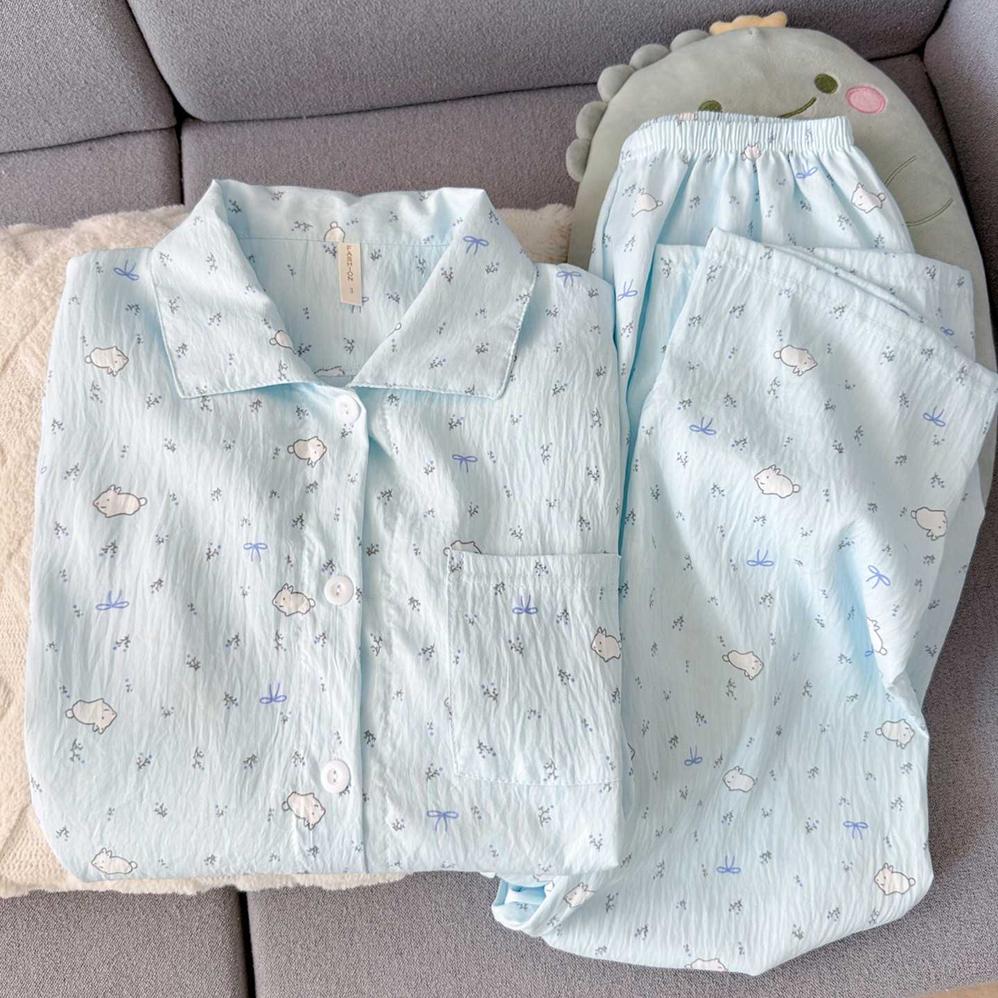 可爱碎花小兔云朵纯棉纱睡衣女款2026新款春秋夏季长袖翻领家居服