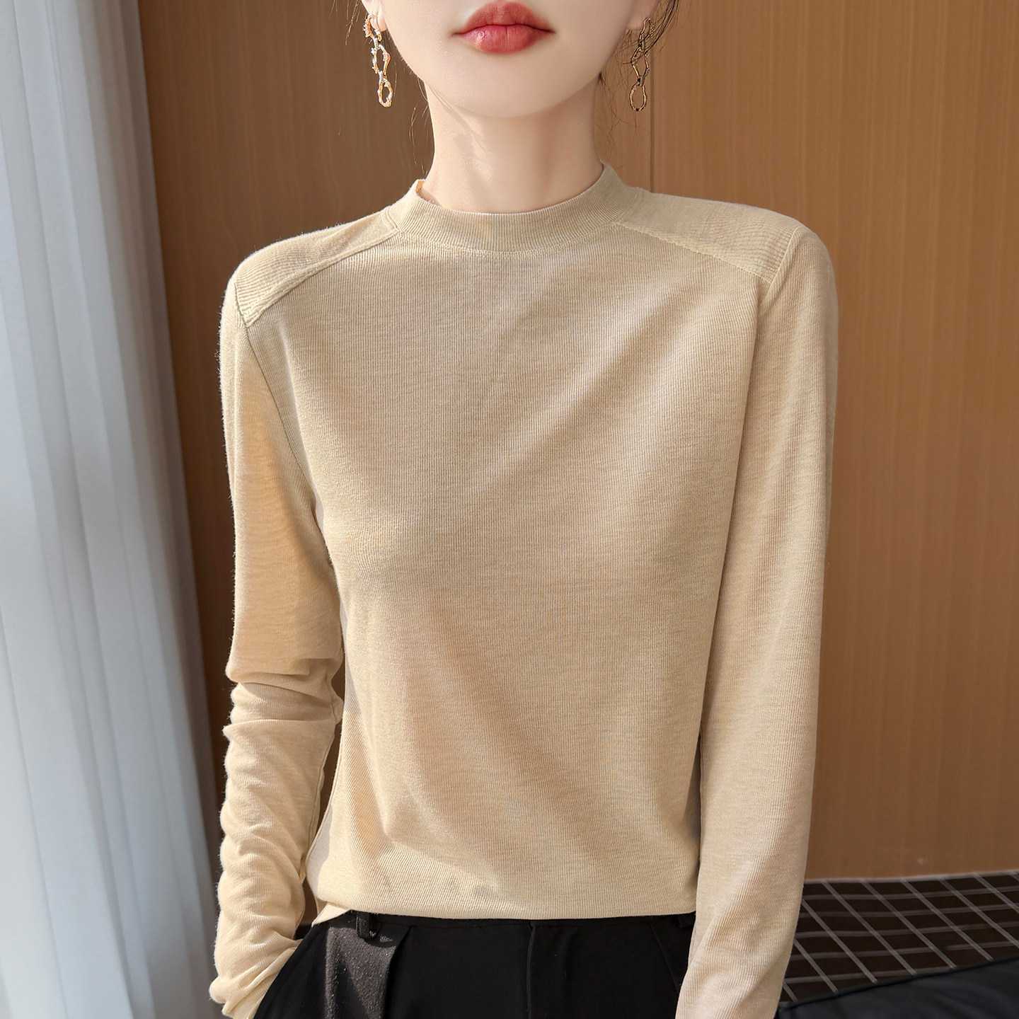 26春夏新款小半高精纺羊毛衫女舒适简约显瘦打底插肩长袖针织上衣