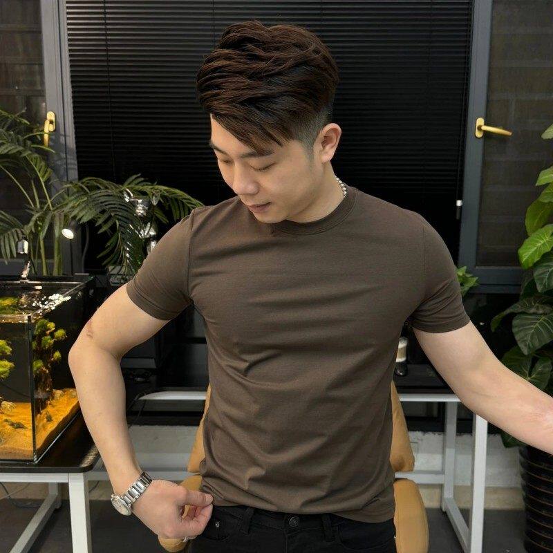 修身t恤男显肌肉运动健身纯色棉质短袖打底衫夏季弹力圆领半截袖