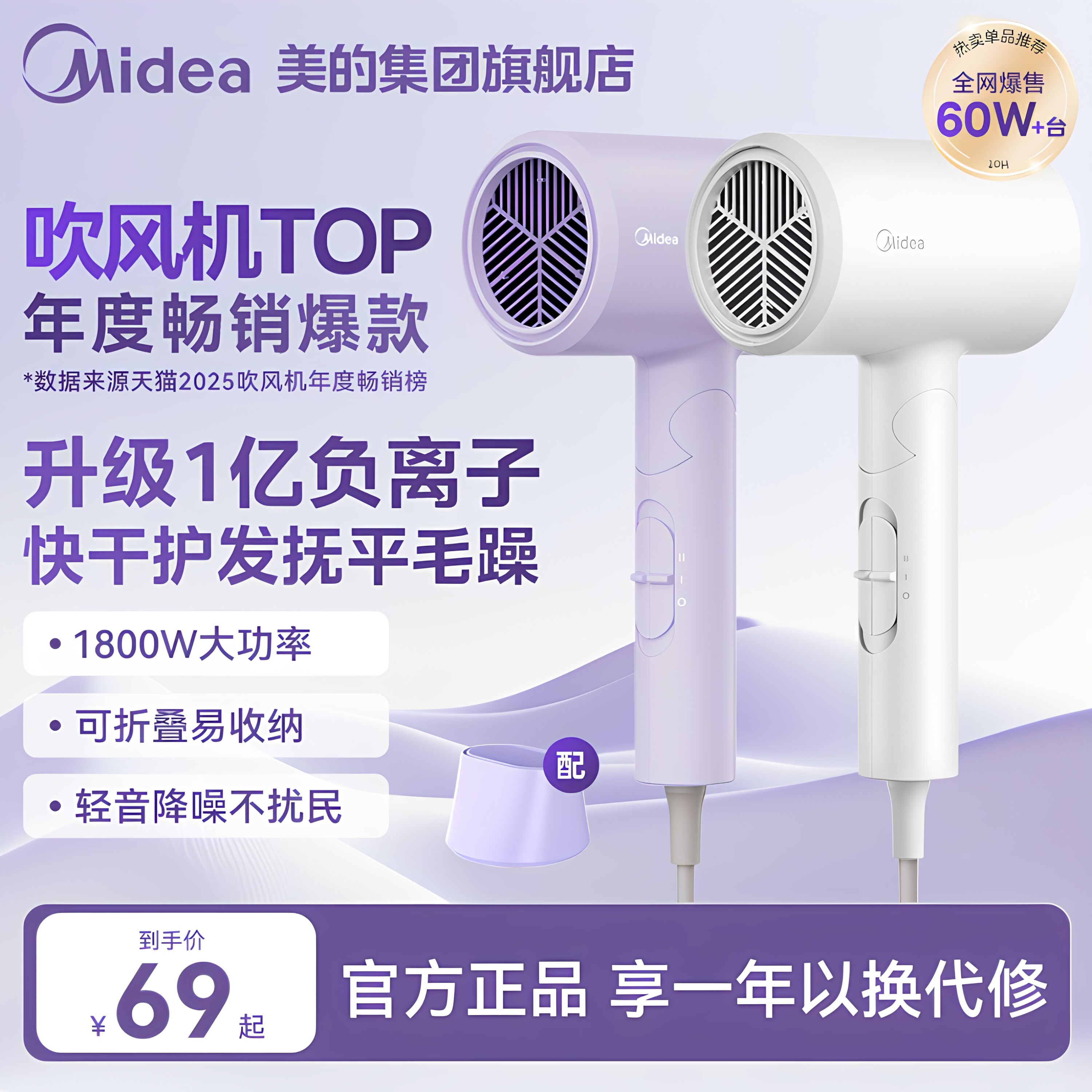 美的吹风机折叠家用负离子家用电吹风护发速干吹风筒宿舍学生便携