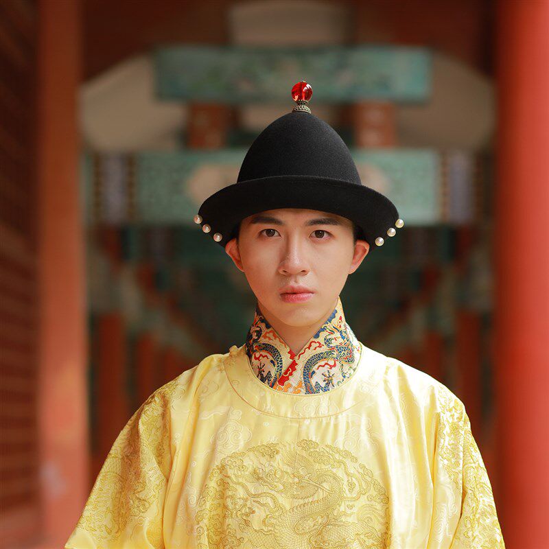 乌衣巷明制黑氊直檐帽皇帝毡帽帽檐上折手工缀珍珠古代汉服帽子男