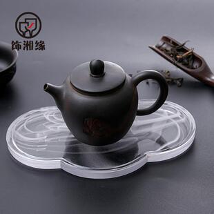 简约茶台茶具盘托小型干泡台 家用玻璃茶盘水墨琉璃壶承托盘新中式