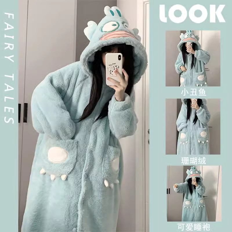搞怪丑鱼珊瑚绒连体睡衣秋冬款女2024新款加绒加厚法兰绒睡袍冬季