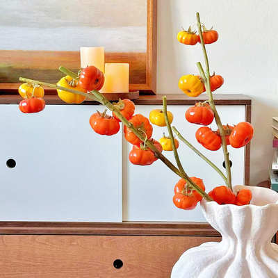 仿真小南瓜枝假花果实浆果红色复古装饰摆设客厅餐桌玄关摆件新品
