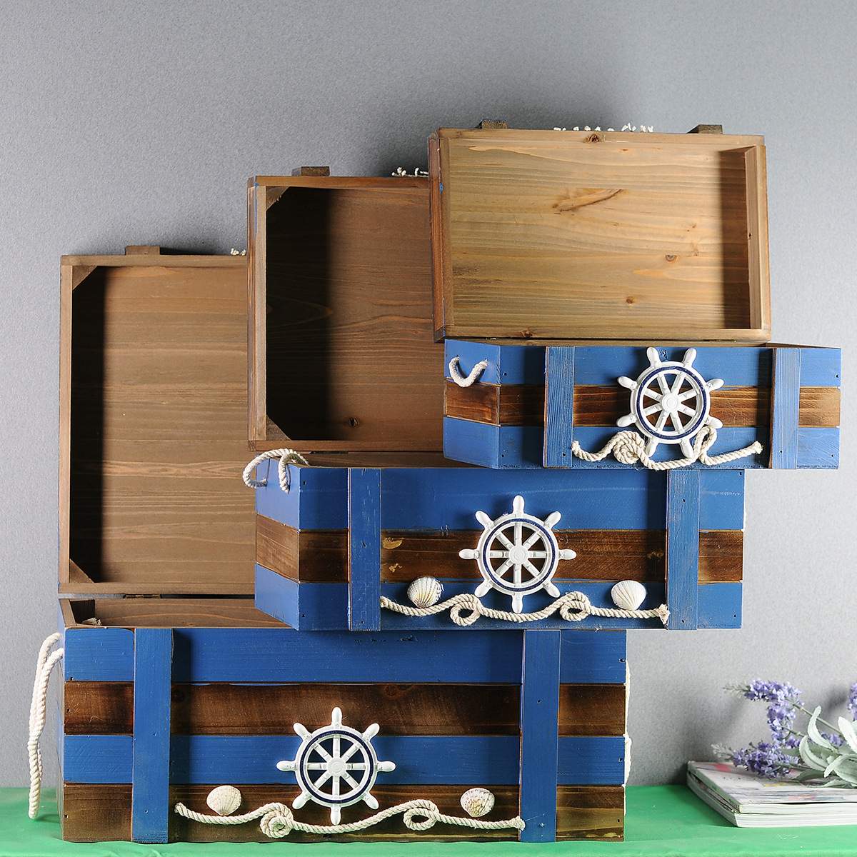 地中海收纳箱家居 木制储物箱 地中海风格 软装海洋家居饰品16110