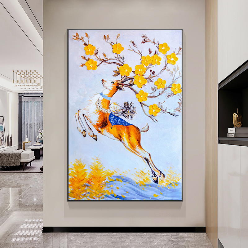 纯手绘油画梅花鹿动物客厅玄关装饰画福禄呈祥玄关走廊挂画厚肌理图片