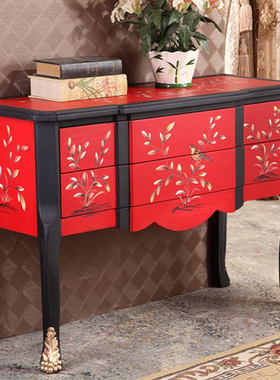 至高批发美式乡村玄关柜高档两斗装饰柜橱窗柜手绘花鸟红色餐边柜