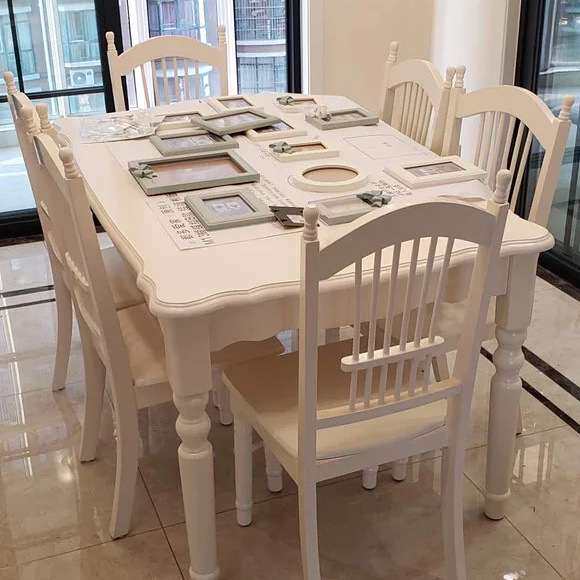 美式奶油风实木餐桌岩板家用小户型现代简约白色长方形餐桌椅组合