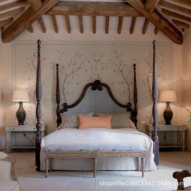 实木雕花法式柱子高背复古软包布艺双人床民宿卧室样板房公主婚床