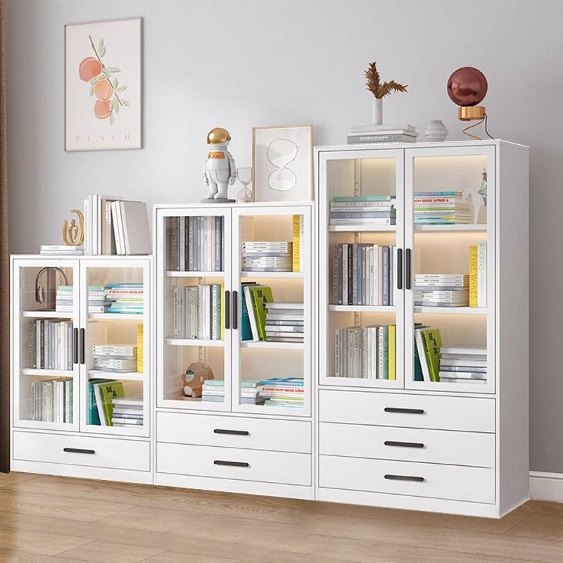 9U铁艺书柜带玻璃门家用落地儿童置物柜客厅钢制小书架防尘抽屉矮