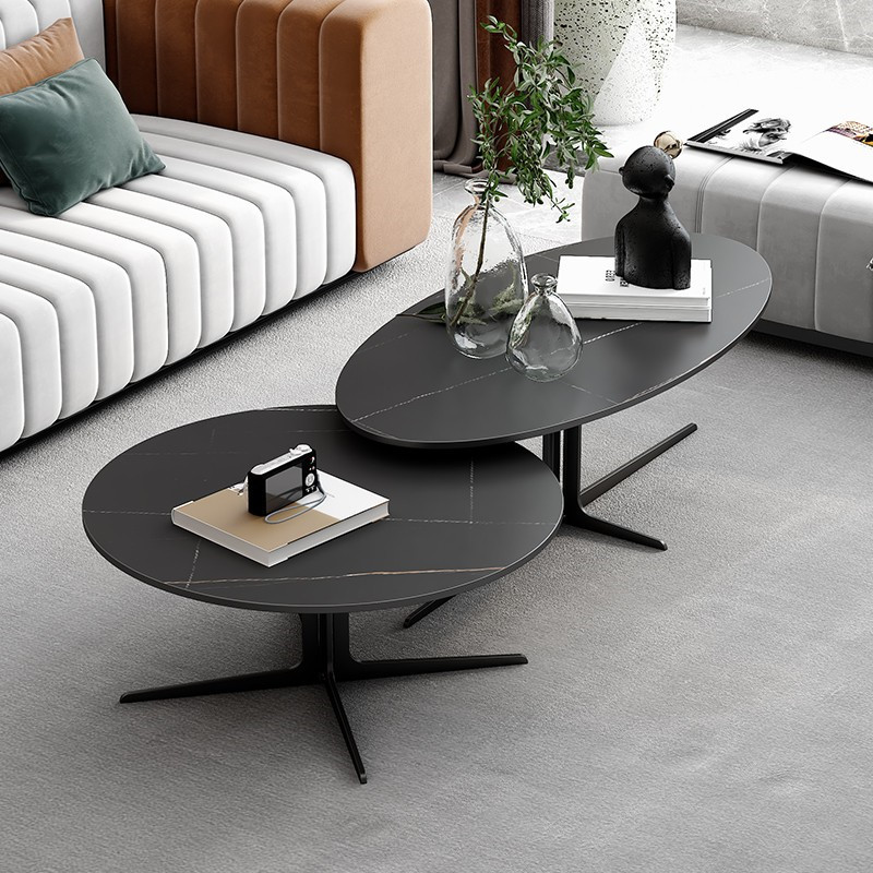 意式轻奢岩板茶几设计师客厅家用椭圆形小户型创意高低高级感茶台