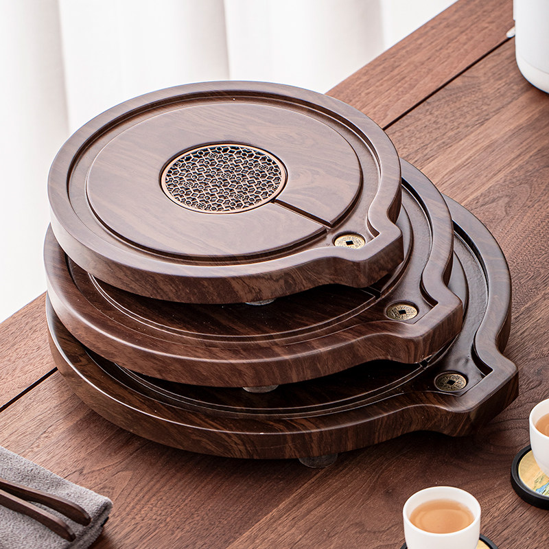2025新款时来运转圆形石墨胡桃木色茶盘家用沥水盘茶托盘茶海干泡