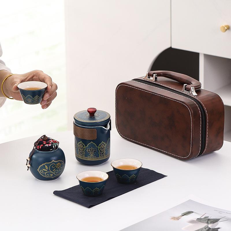 陶瓷旅行便携包快客杯一壶三杯茶叶罐整套功夫茶具套装礼品