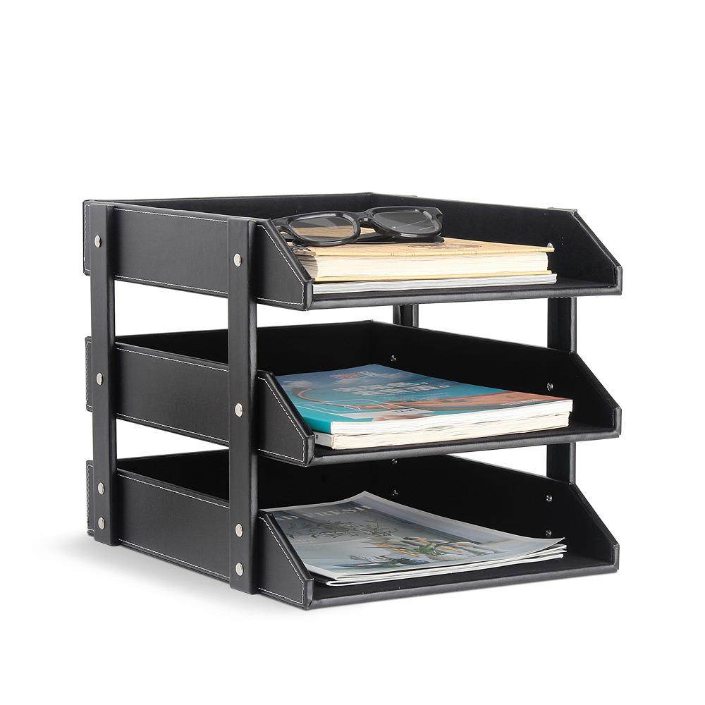 商务皮质三层文件架文件盘文件框/座 桌面资料文具办公收纳文件栏