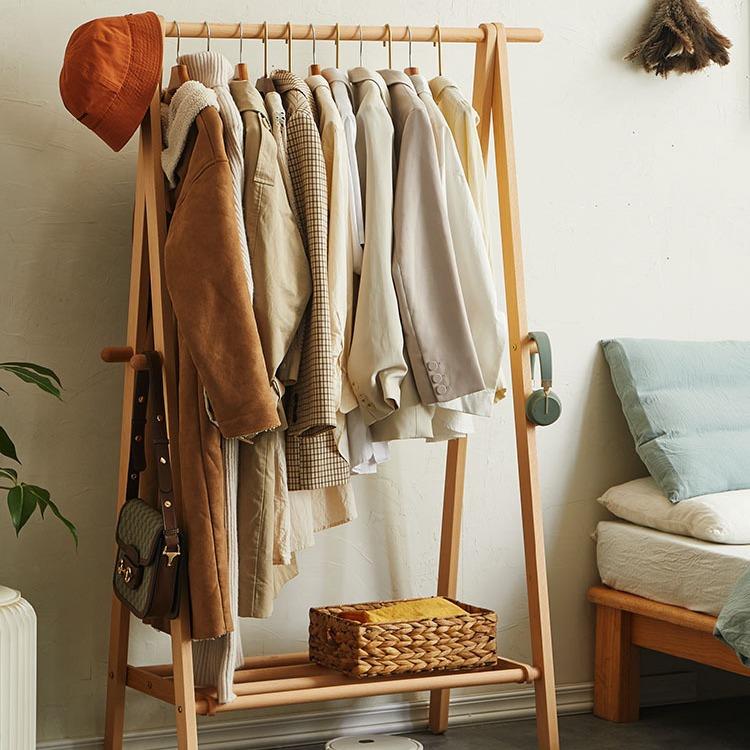 简约实木衣帽架榉木落地室内家用卧室置物挂包架现代折叠衣服架子