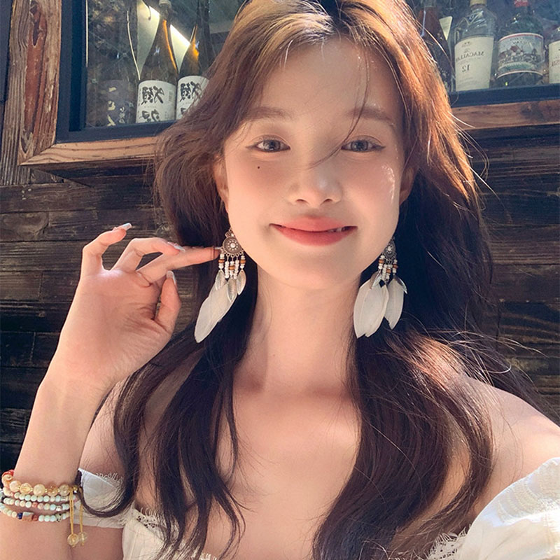 复古羽毛流苏耳环女新中式