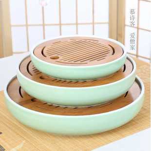 家用陶瓷干泡茶盘特大号简约陶瓷茶具小茶台圆形竹制迷你茶海托盘