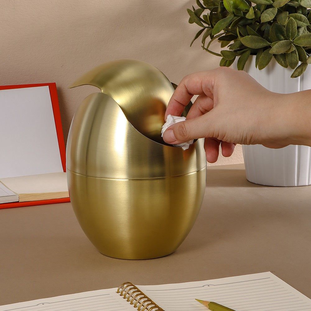 金色蛋壳桌面带盖垃圾桶不锈钢茶几纸篓创意家用椭圆形收纳桶1.5L