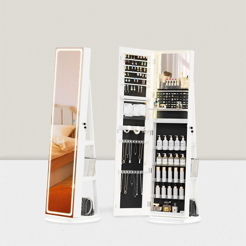 现代简约实木穿衣镜旋转落地全身镜柜家用试衣镜子收纳储物首饰柜