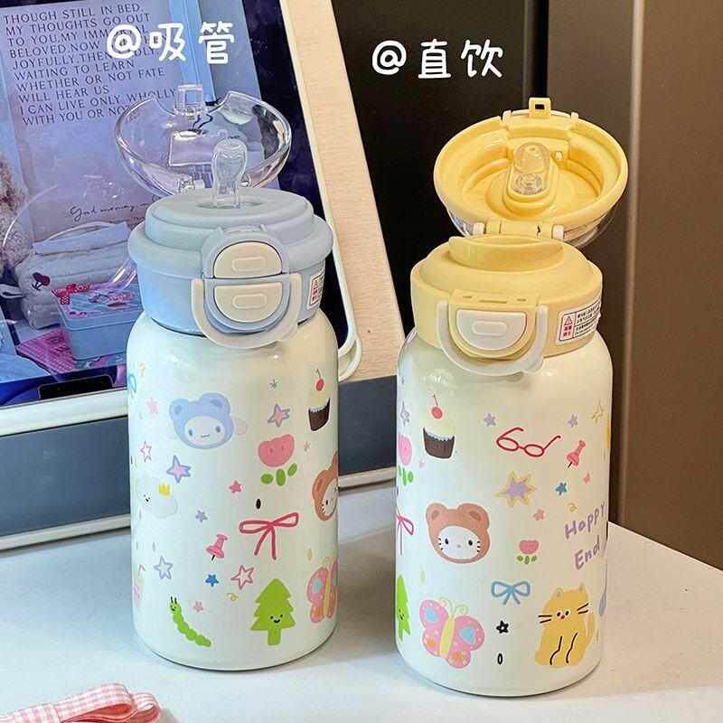 小猫双饮杯子保温杯女生2025新款高颜值学生上学专用可爱吸管水杯