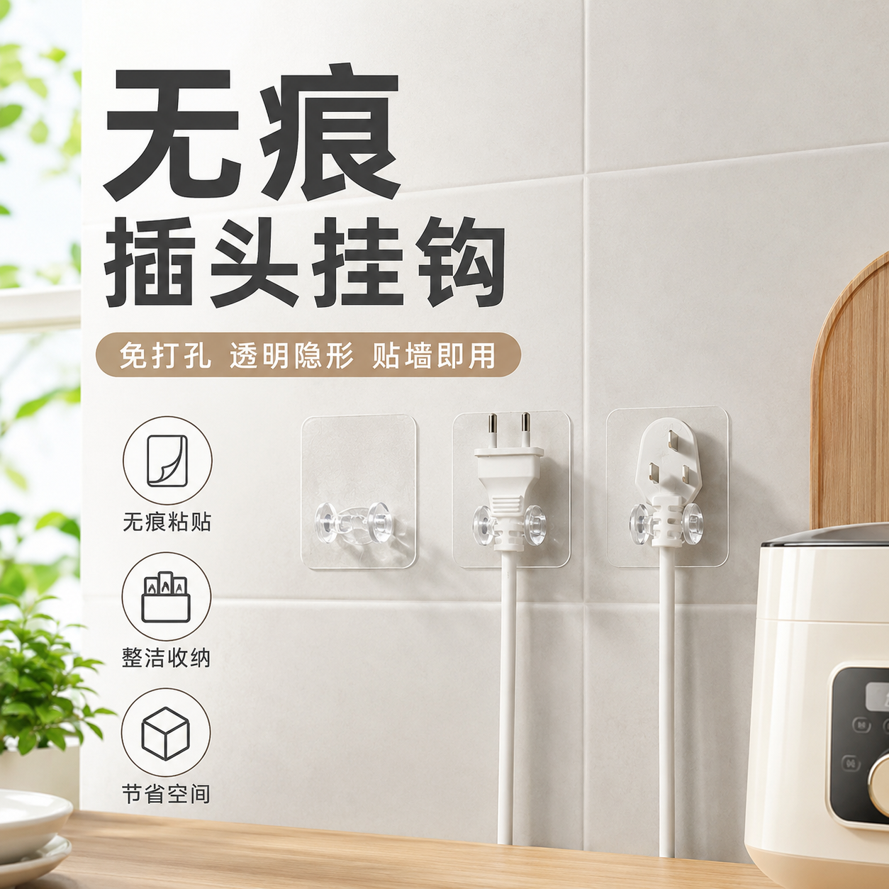 插头挂钩免打孔强力粘胶厨房墙壁