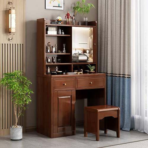 中式实木梳妆台现代简约迷你化妆台多功能储物带隐藏化妆镜收纳