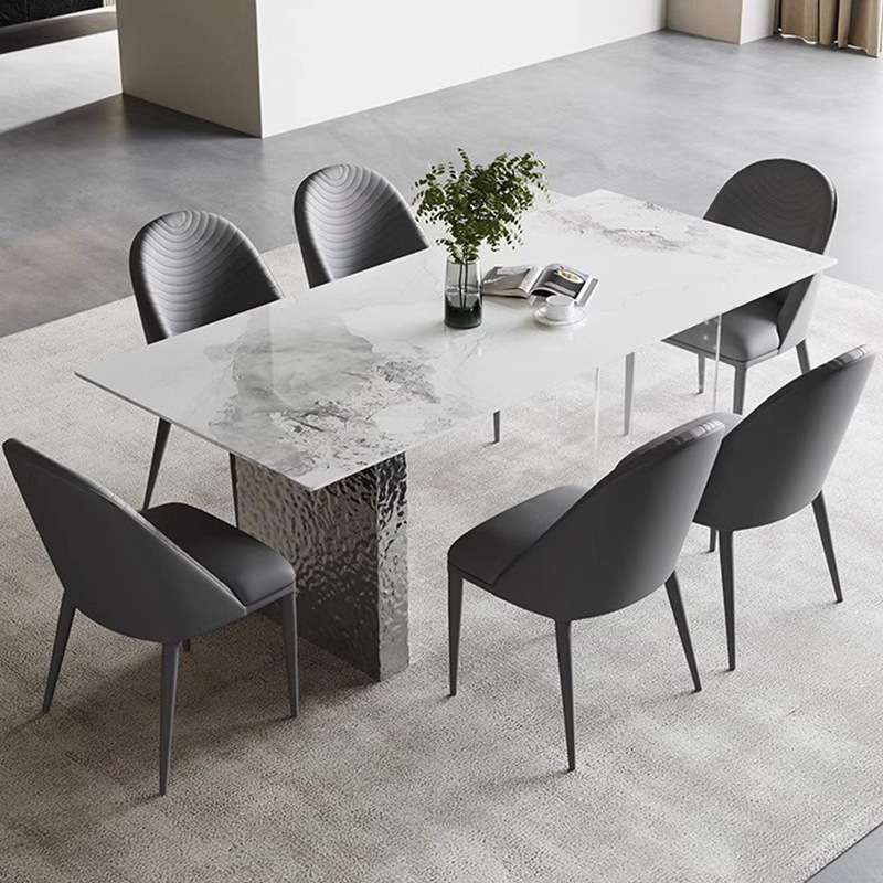 极简岩板餐桌餐椅透明亚克力不锈钢水波纹小户型长方形饭桌简约
